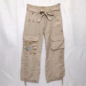 Y2K Cover Charge Deep L. A. Tan Embroidered Low Waist Belted Cargo Pants Sz 30